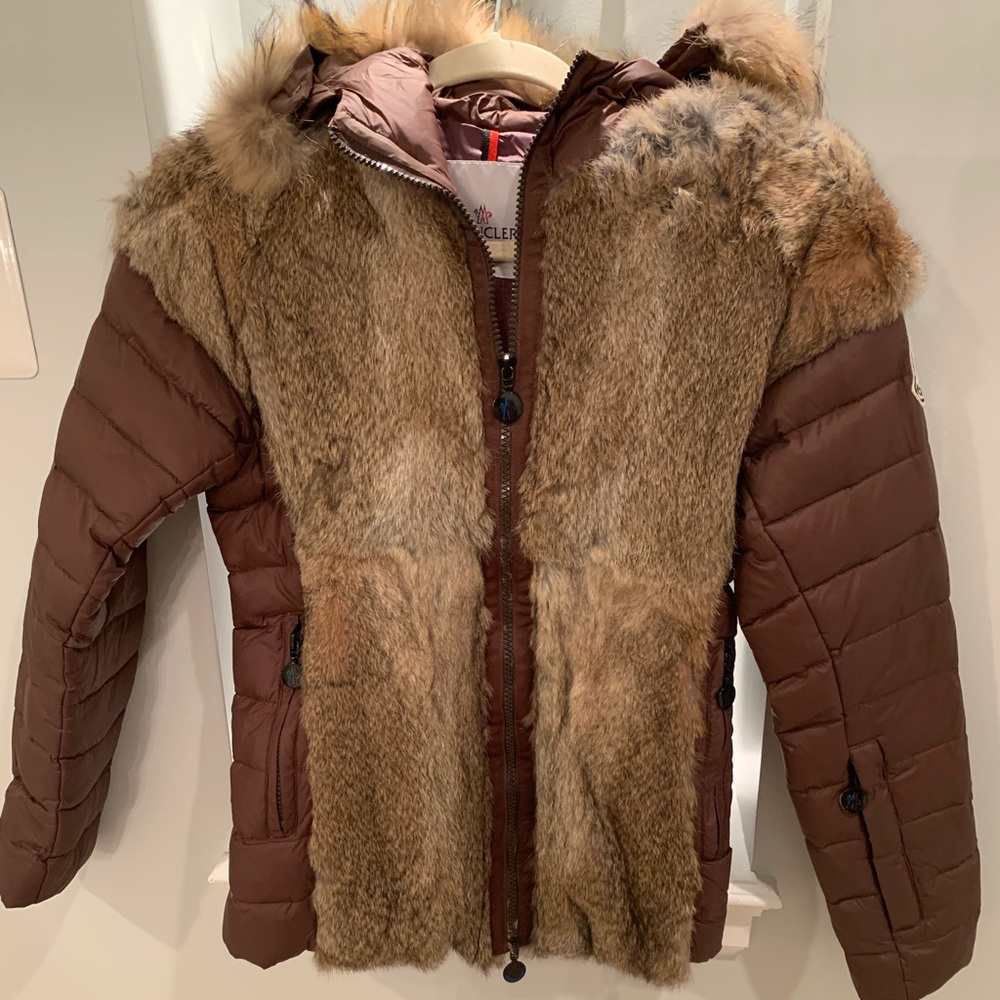 Moncler Brown Quilted Down Fox Fur Trim Hood.